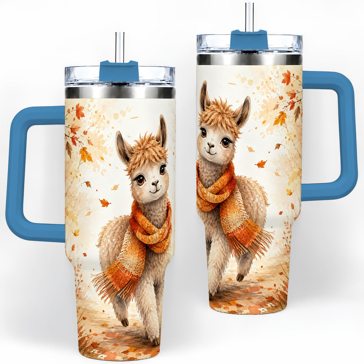 #pl[40oz|Blue] Autumn Alpaca Watercolor 40oz Tumbler, Fall Woodland Animal Artwork