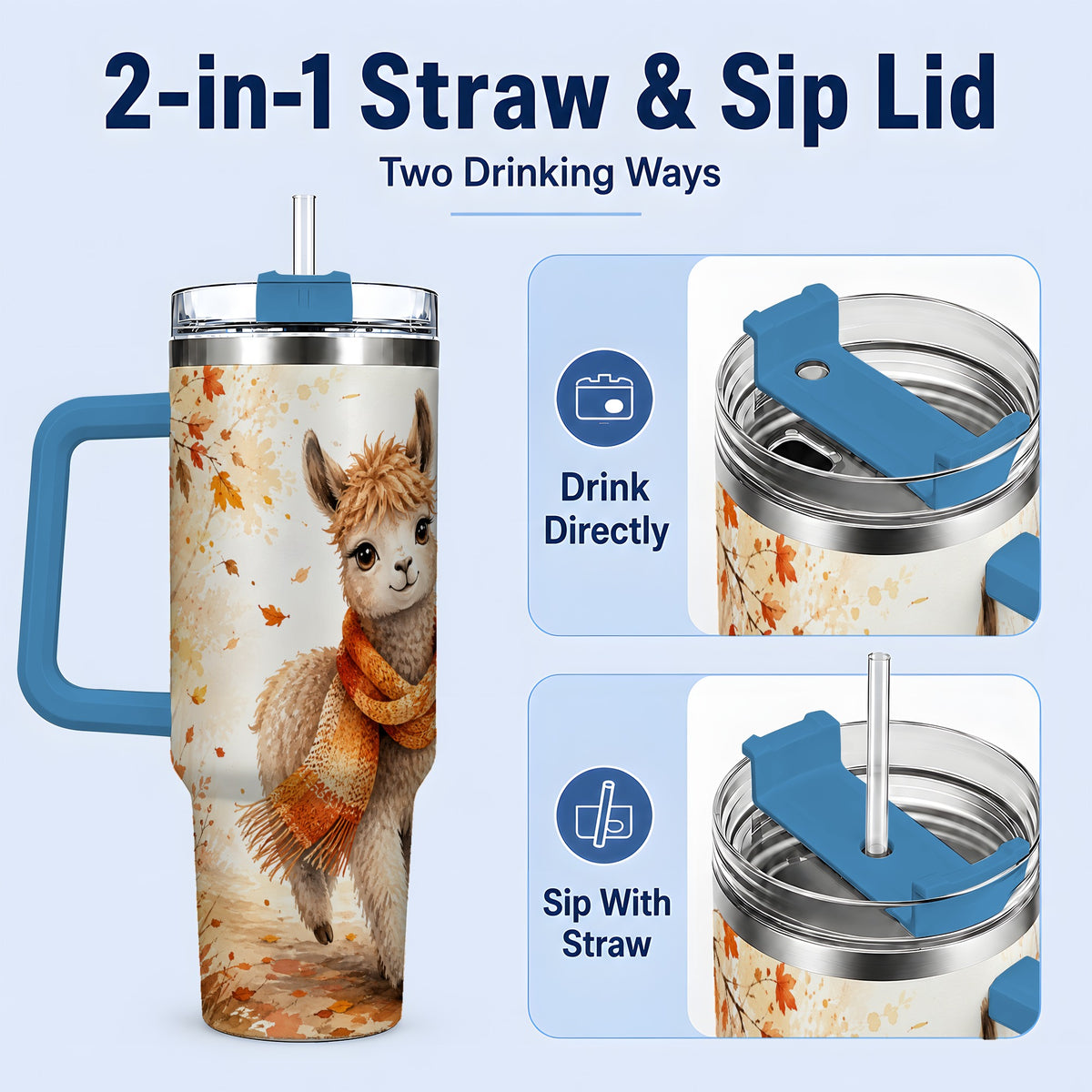 #pl[40oz|Blue] Autumn Alpaca Watercolor 40oz Tumbler, Fall Woodland Animal Artwork