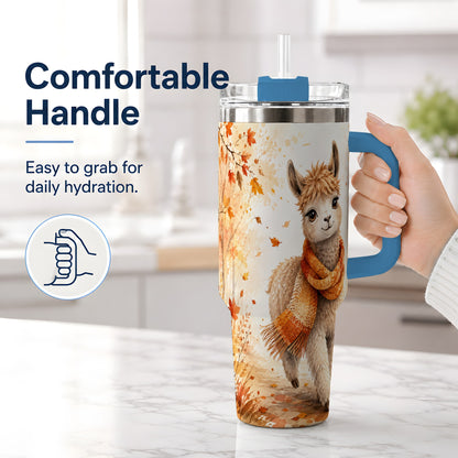 #pl[40oz|Blue] Autumn Alpaca Watercolor 40oz Tumbler, Fall Woodland Animal Artwork