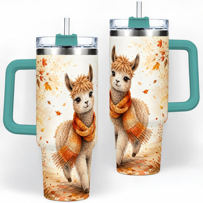 #pl[40oz|Green] Autumn Alpaca Watercolor 40oz Tumbler, Fall Woodland Animal Artwork
