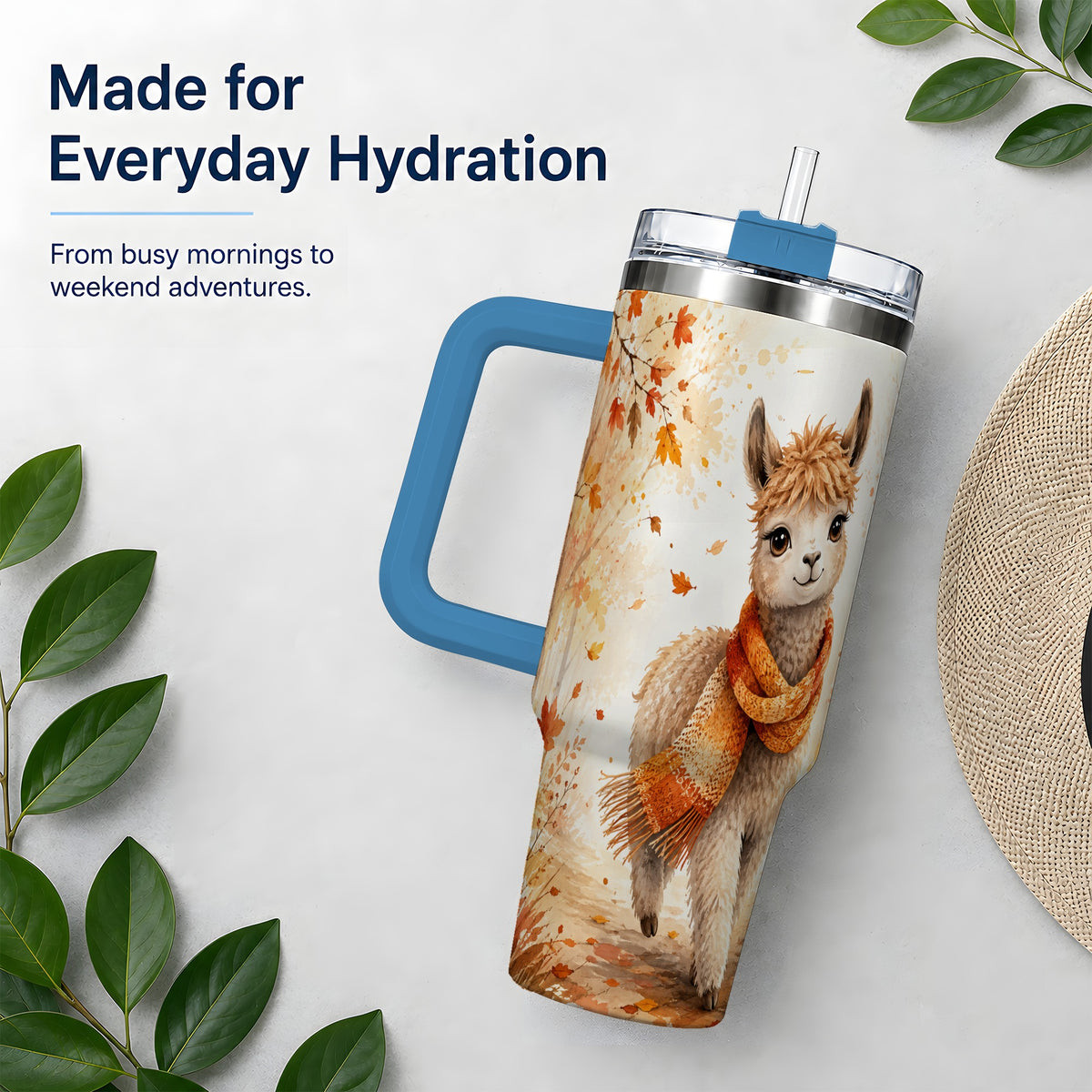 #pl[40oz|Blue] Autumn Alpaca Watercolor 40oz Tumbler, Fall Woodland Animal Artwork