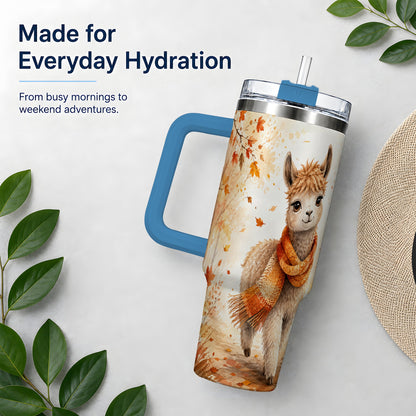 #pl[40oz|Blue] Autumn Alpaca Watercolor 40oz Tumbler, Fall Woodland Animal Artwork