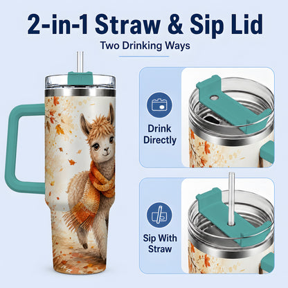 #pl[40oz|Green] Autumn Alpaca Watercolor 40oz Tumbler, Fall Woodland Animal Artwork