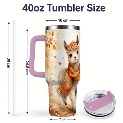 #pl[40oz|Pink] Autumn Alpaca Watercolor 40oz Tumbler, Fall Woodland Animal Artwork