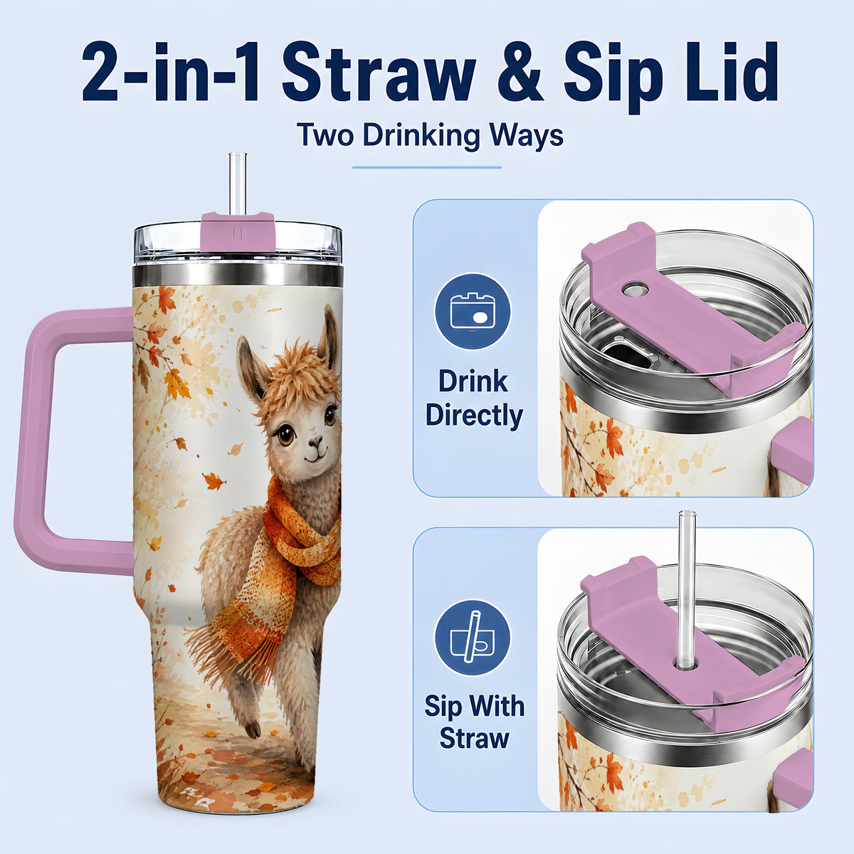 #pl[40oz|Pink] Autumn Alpaca Watercolor 40oz Tumbler, Fall Woodland Animal Artwork