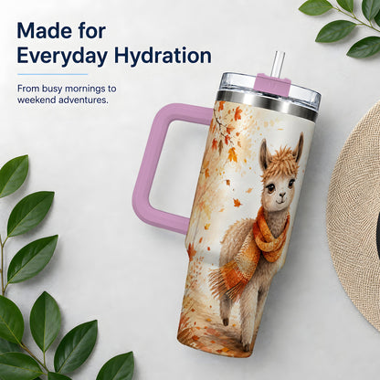 #pl[40oz|Pink] Autumn Alpaca Watercolor 40oz Tumbler, Fall Woodland Animal Artwork