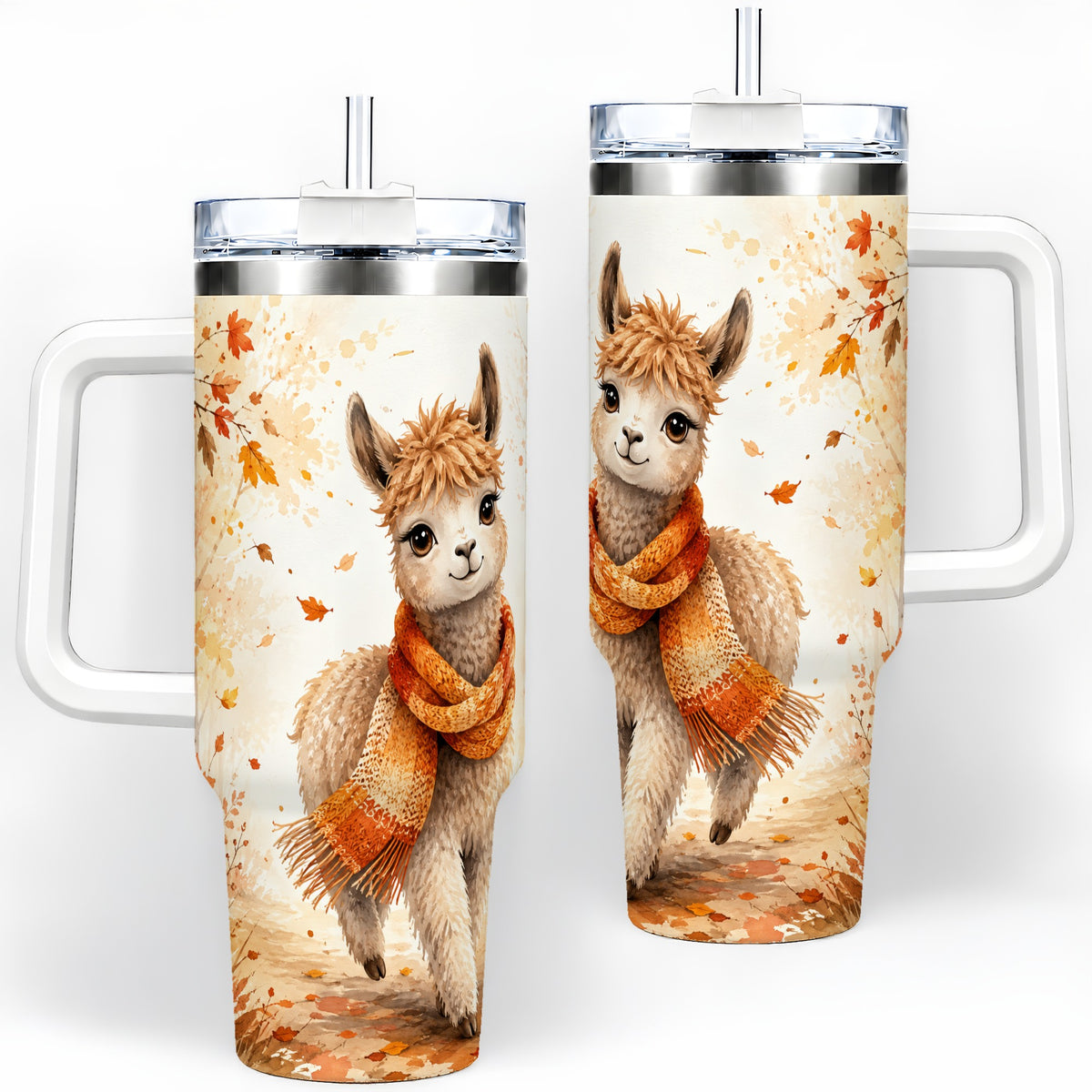Autumn Alpaca Watercolor 40oz Tumbler, Fall Woodland Animal Artwork