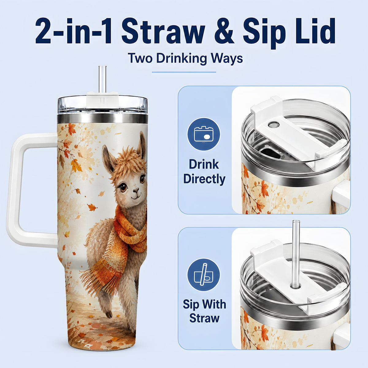 #pl[40oz|White] Autumn Alpaca Watercolor 40oz Tumbler, Fall Woodland Animal Artwork