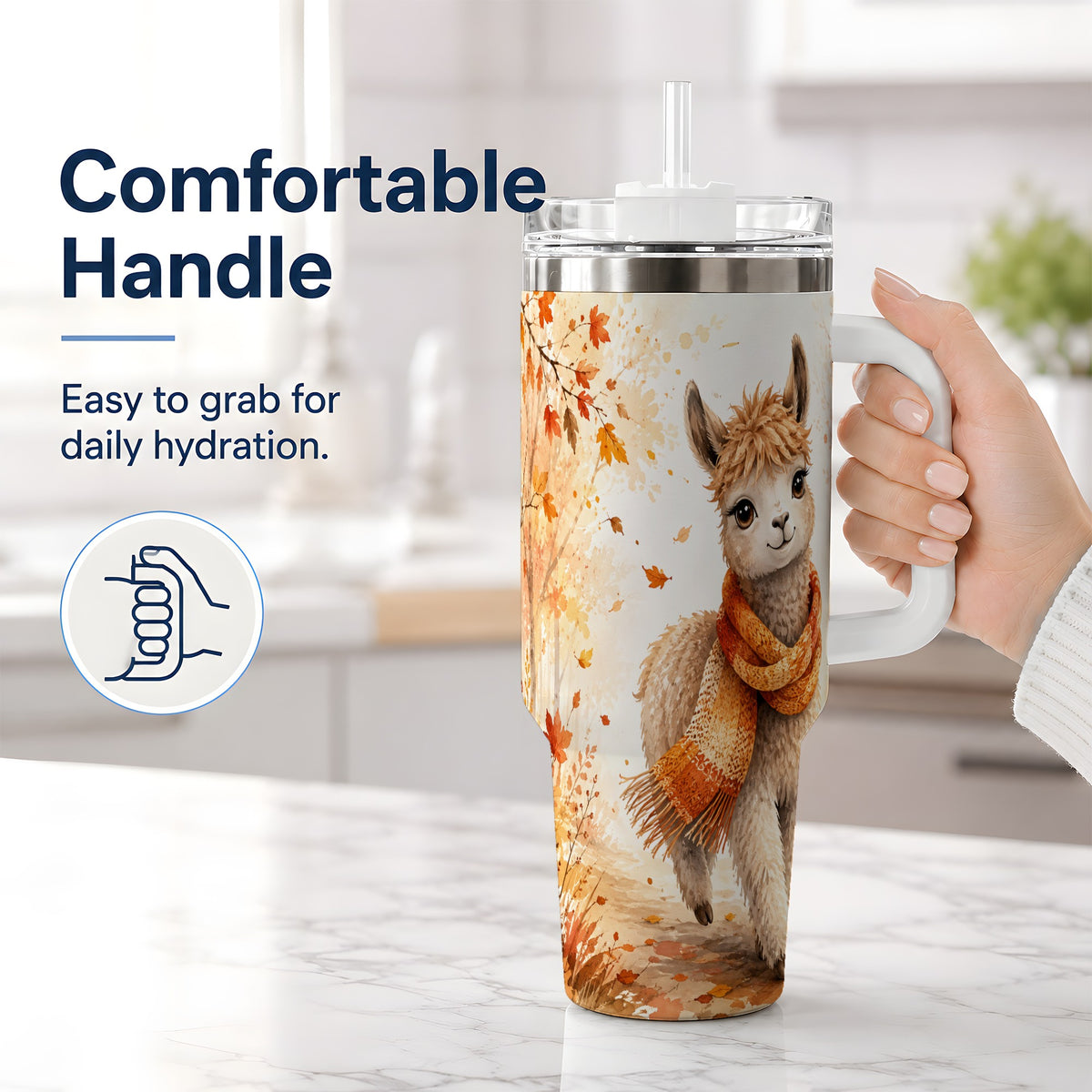 #pl[40oz|White] Autumn Alpaca Watercolor 40oz Tumbler, Fall Woodland Animal Artwork