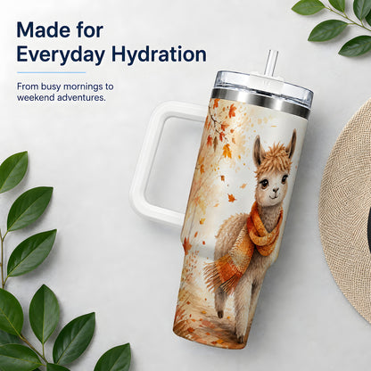 #pl[40oz|White] Autumn Alpaca Watercolor 40oz Tumbler, Fall Woodland Animal Artwork
