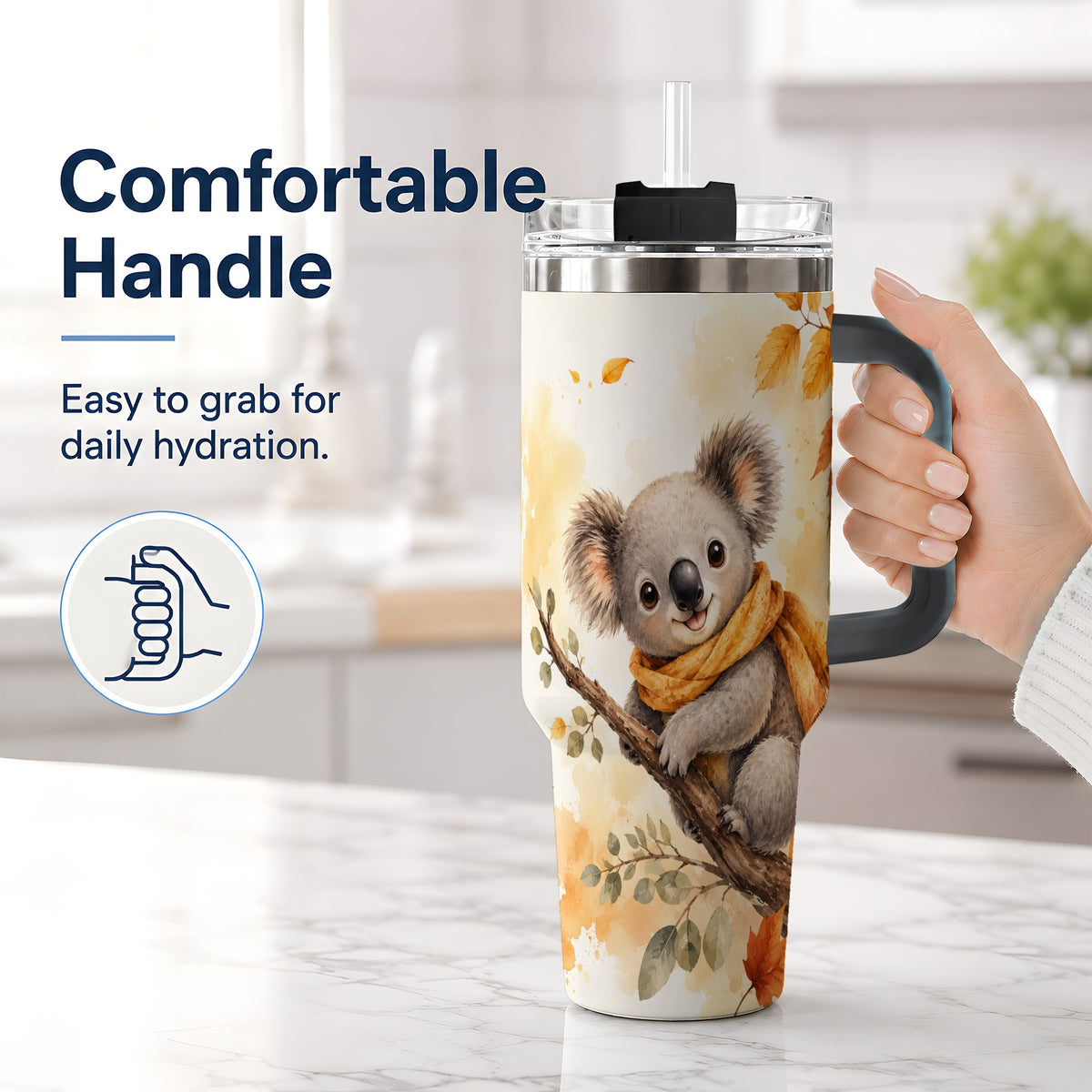 #pl[40oz|Black] Autumn Koala Watercolor 40oz Tumbler, Fall Woodland Animal Artwork