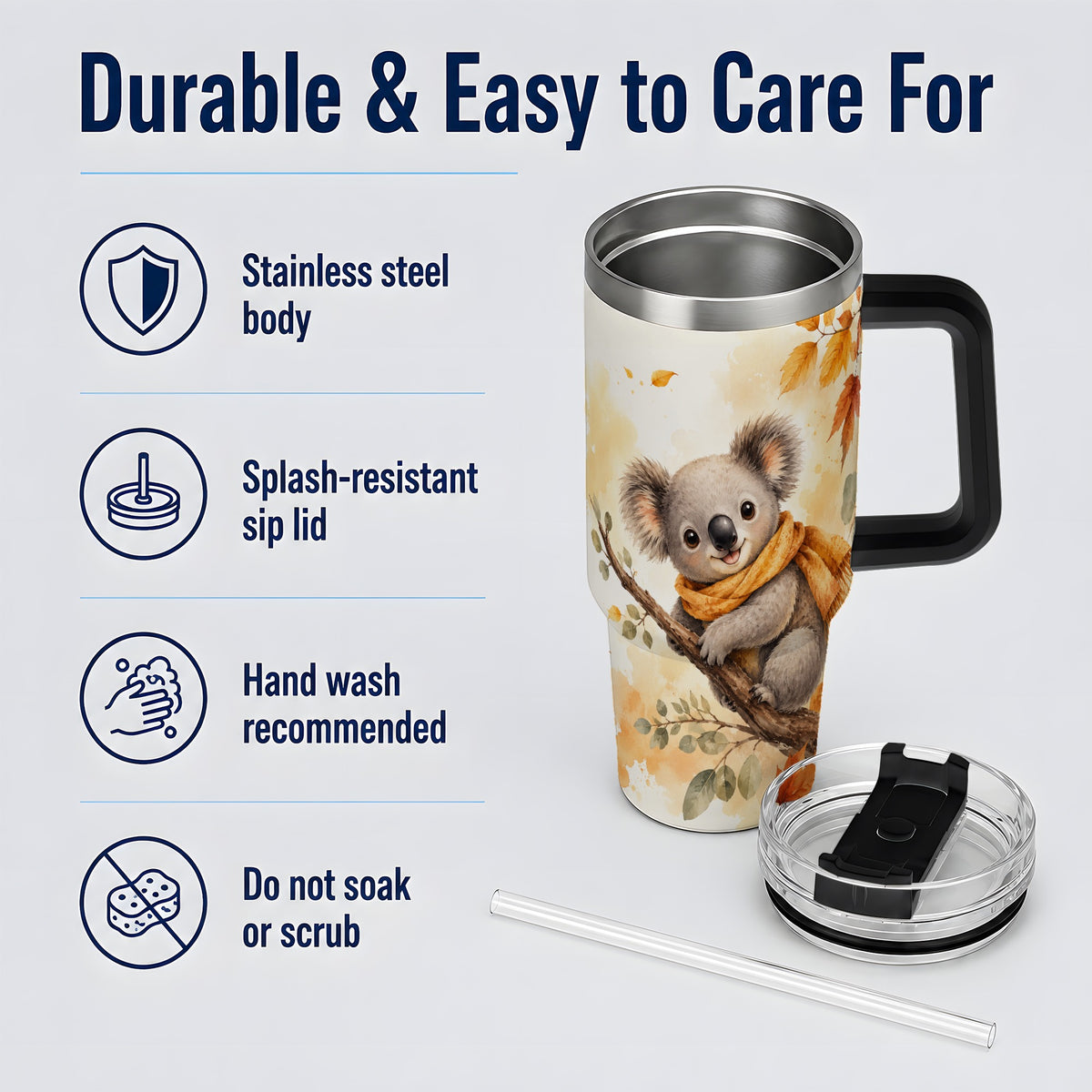 #pl[40oz|Black] Autumn Koala Watercolor 40oz Tumbler, Fall Woodland Animal Artwork