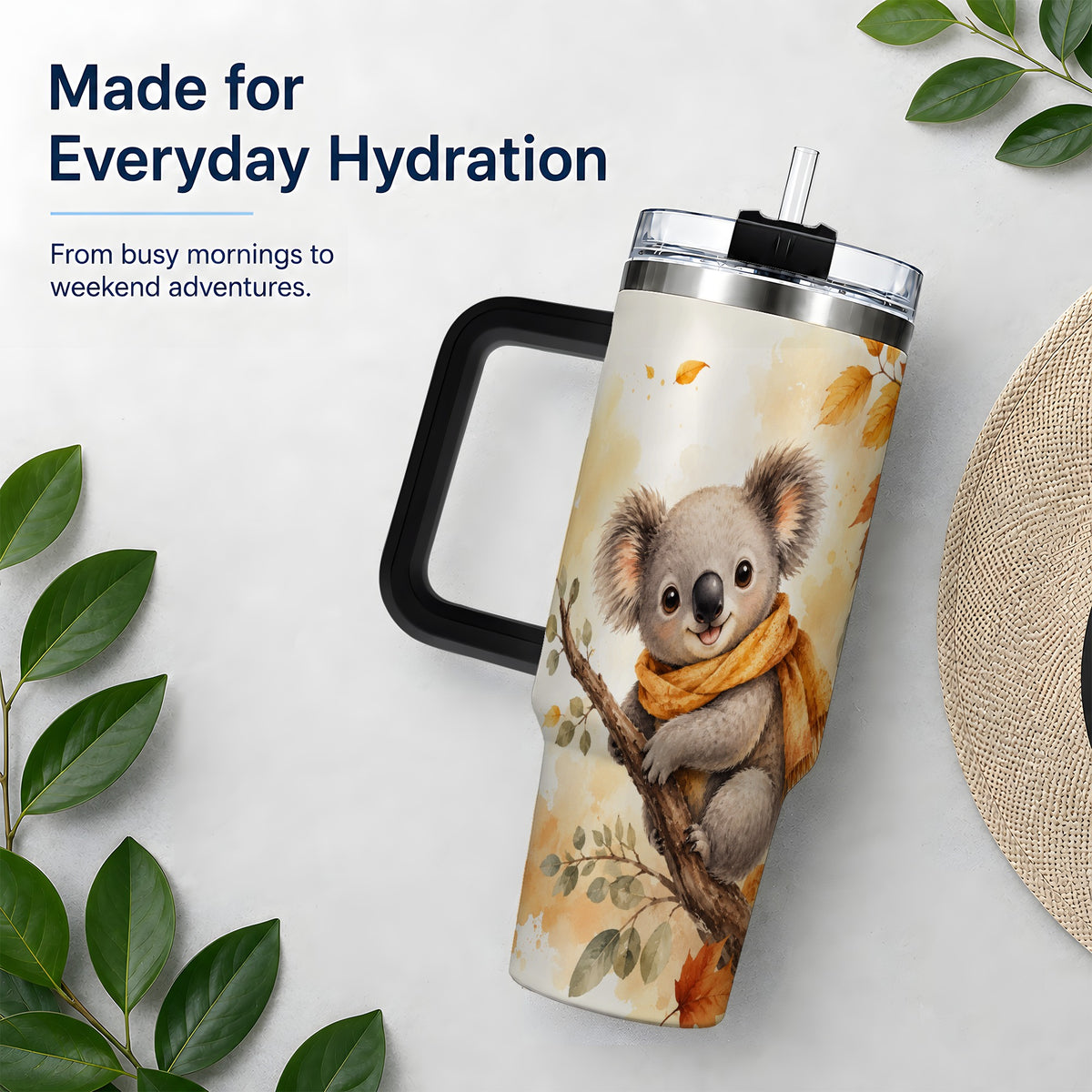 #pl[40oz|Black] Autumn Koala Watercolor 40oz Tumbler, Fall Woodland Animal Artwork