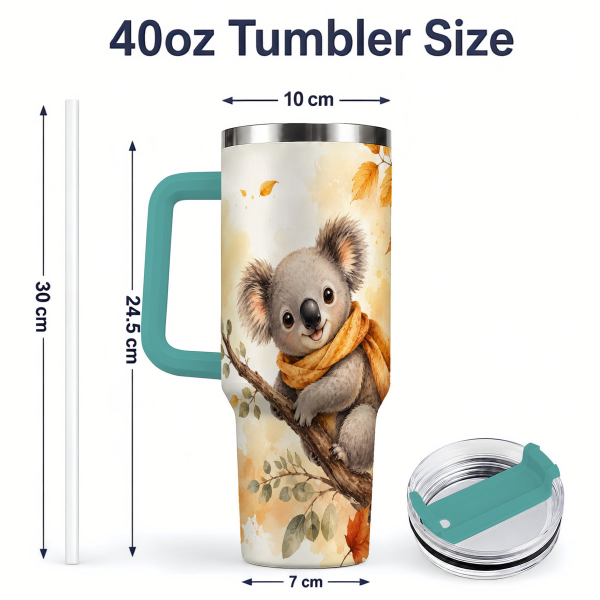 #pl[40oz|Green] Autumn Koala Watercolor 40oz Tumbler, Fall Woodland Animal Artwork
