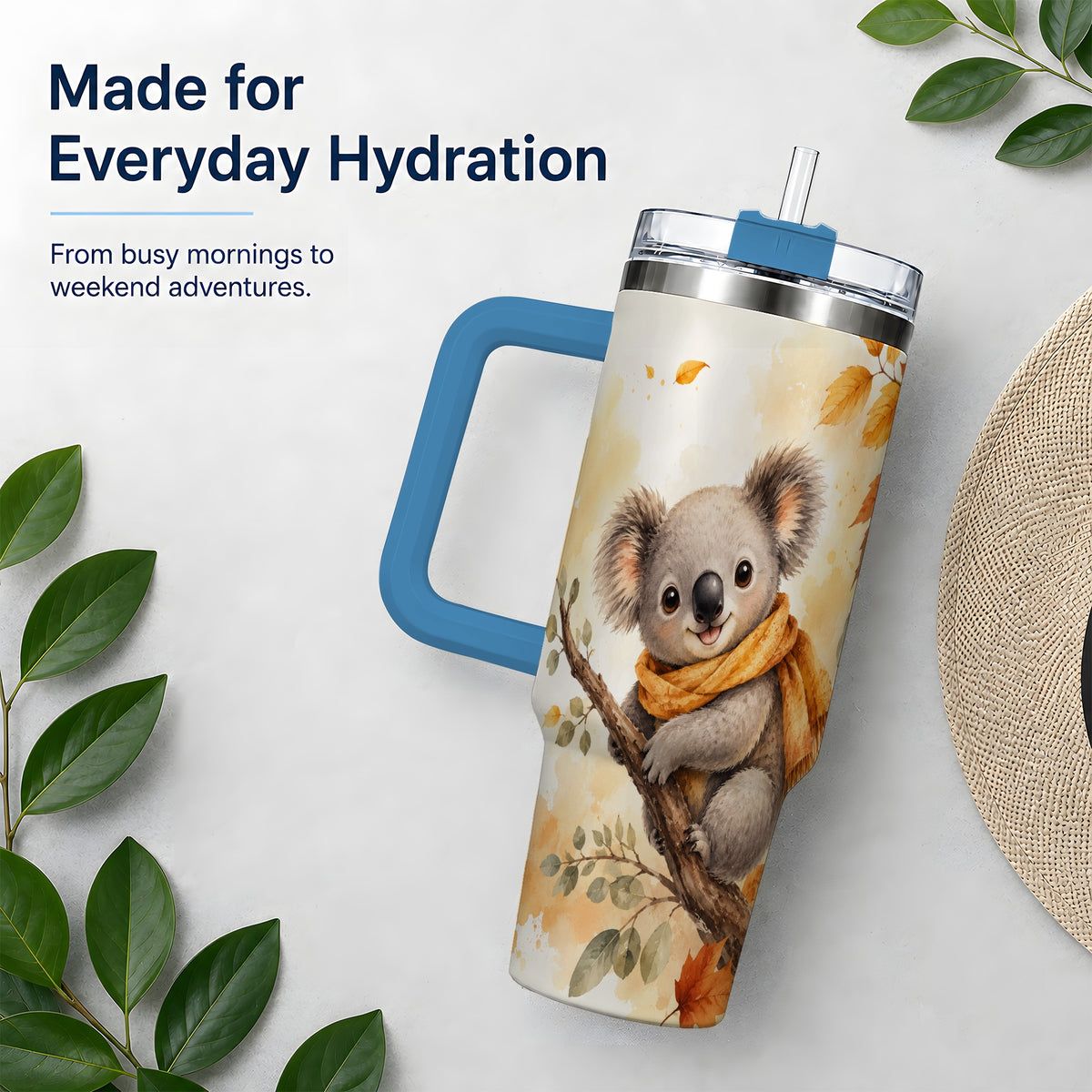 #pl[40oz|Blue] Autumn Koala Watercolor 40oz Tumbler, Fall Woodland Animal Artwork