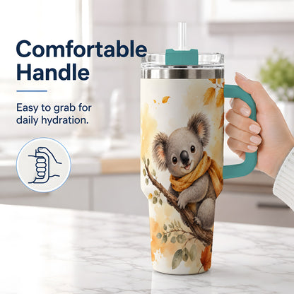 #pl[40oz|Green] Autumn Koala Watercolor 40oz Tumbler, Fall Woodland Animal Artwork