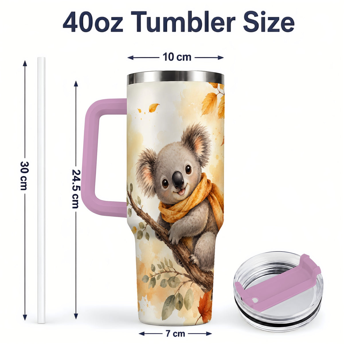 #pl[40oz|Pink] Autumn Koala Watercolor 40oz Tumbler, Fall Woodland Animal Artwork