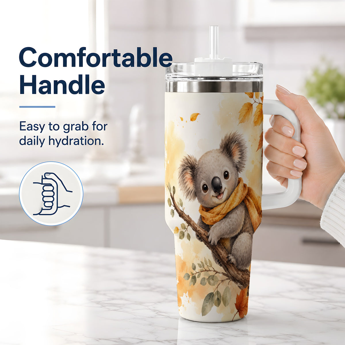 #pl[40oz|White] Autumn Koala Watercolor 40oz Tumbler, Fall Woodland Animal Artwork