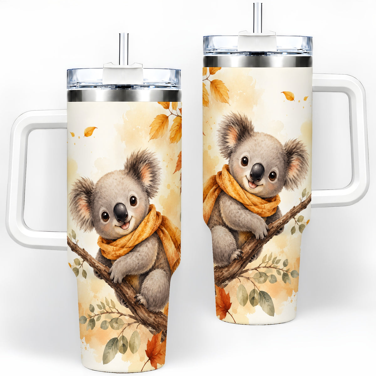 Autumn Koala Watercolor 40oz Tumbler, Fall Woodland Animal Artwork