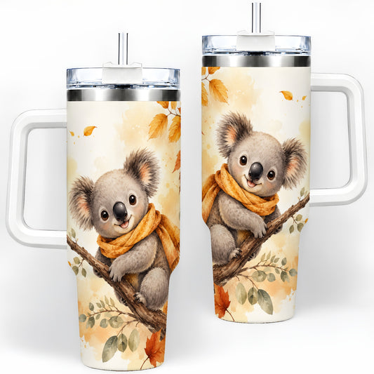 Autumn Koala Watercolor 40oz Tumbler, Fall Woodland Animal Artwork
