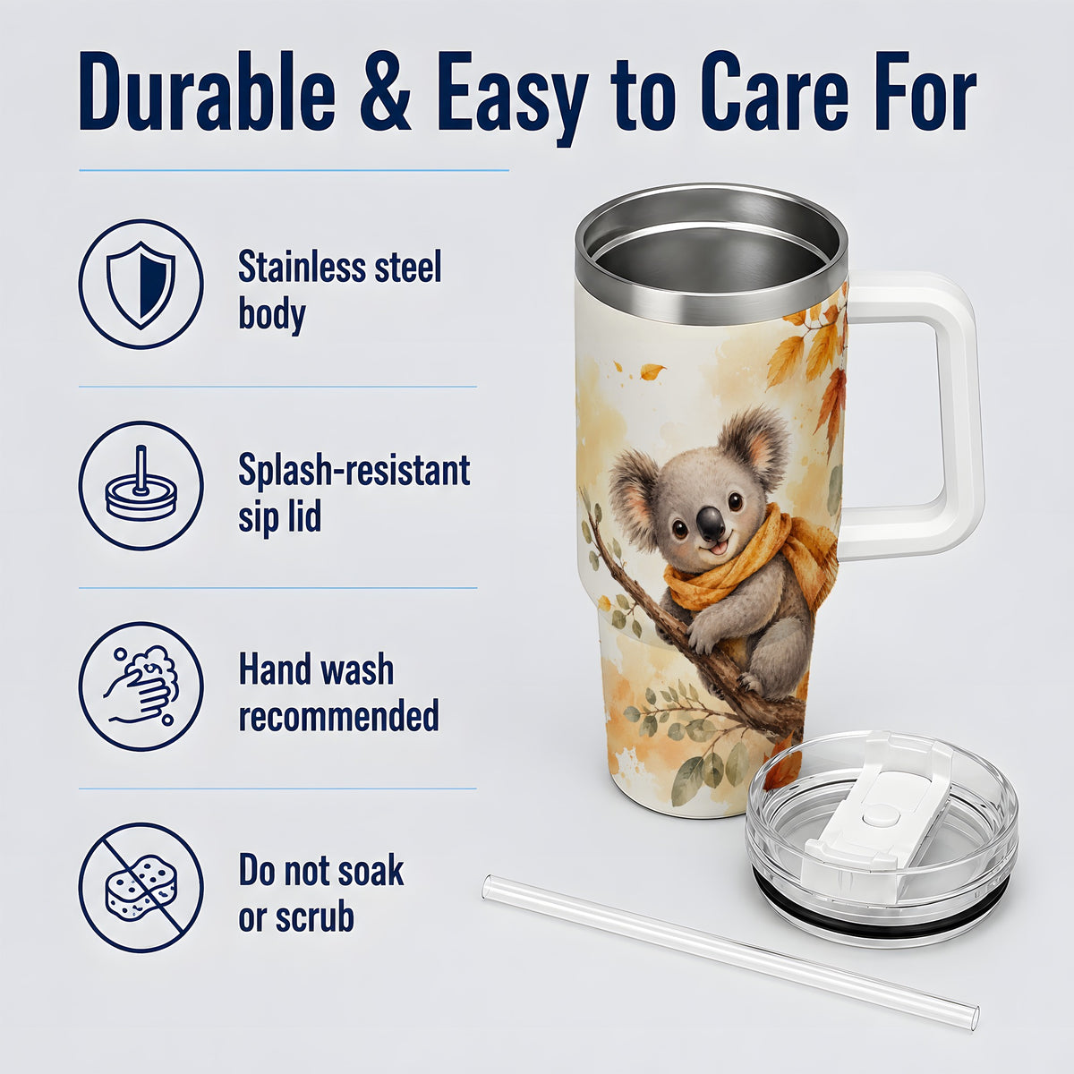 #pl[40oz|White] Autumn Koala Watercolor 40oz Tumbler, Fall Woodland Animal Artwork