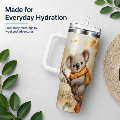 #pl[40oz|White] Autumn Koala Watercolor 40oz Tumbler, Fall Woodland Animal Artwork