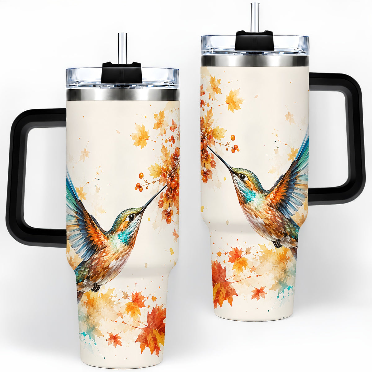 #pl[40oz|Black] Autumn Hummingbird Watercolor 40oz Tumbler, Fall Leaves Bird Artwork