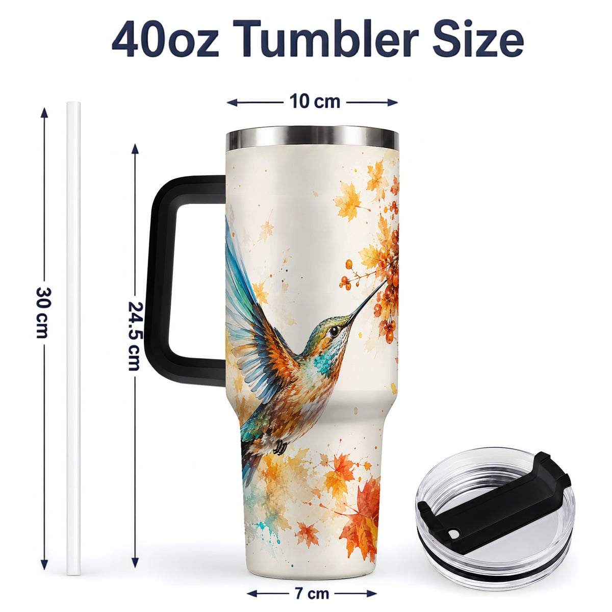 #pl[40oz|Black] Autumn Hummingbird Watercolor 40oz Tumbler, Fall Leaves Bird Artwork