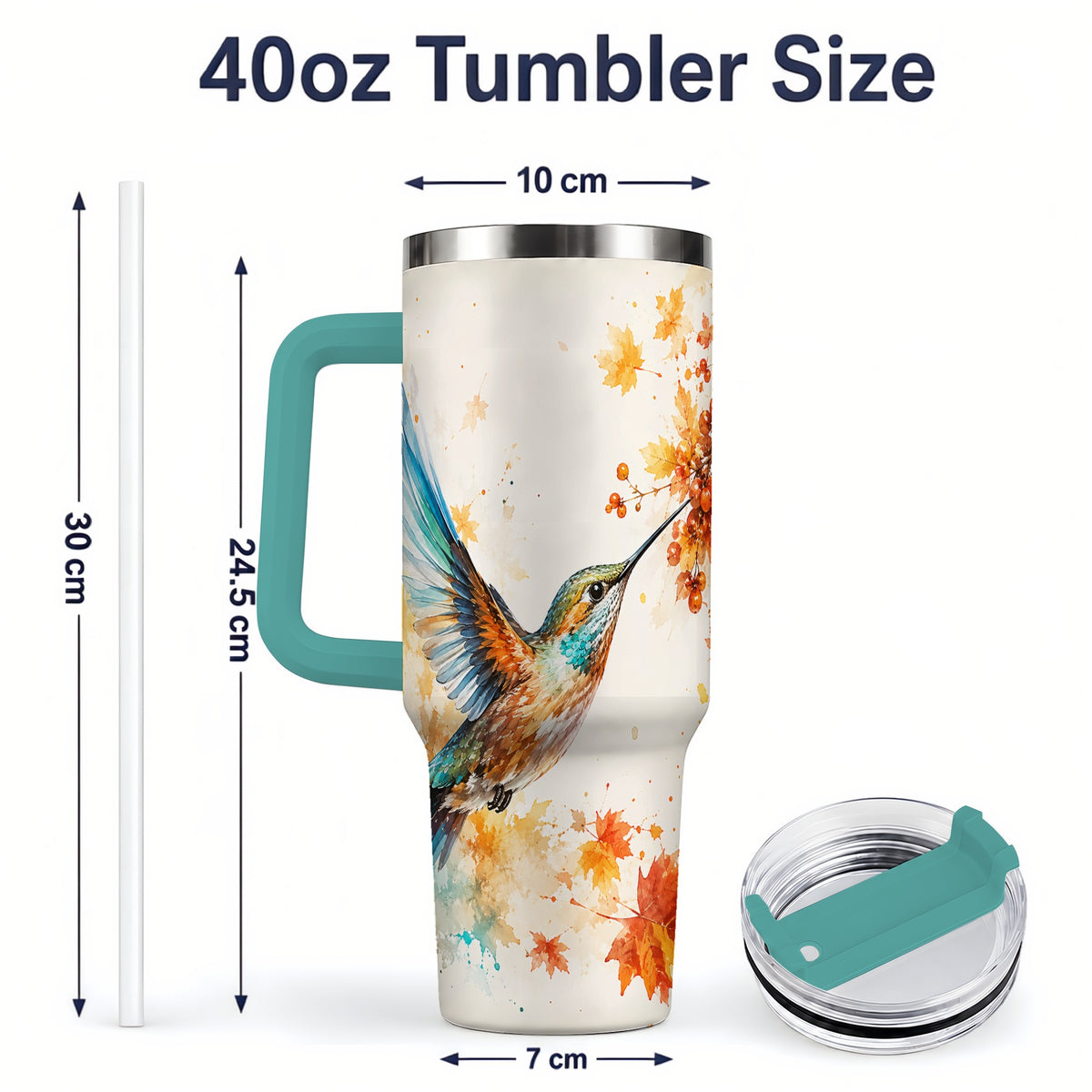#pl[40oz|Green] Autumn Hummingbird Watercolor 40oz Tumbler, Fall Leaves Bird Artwork