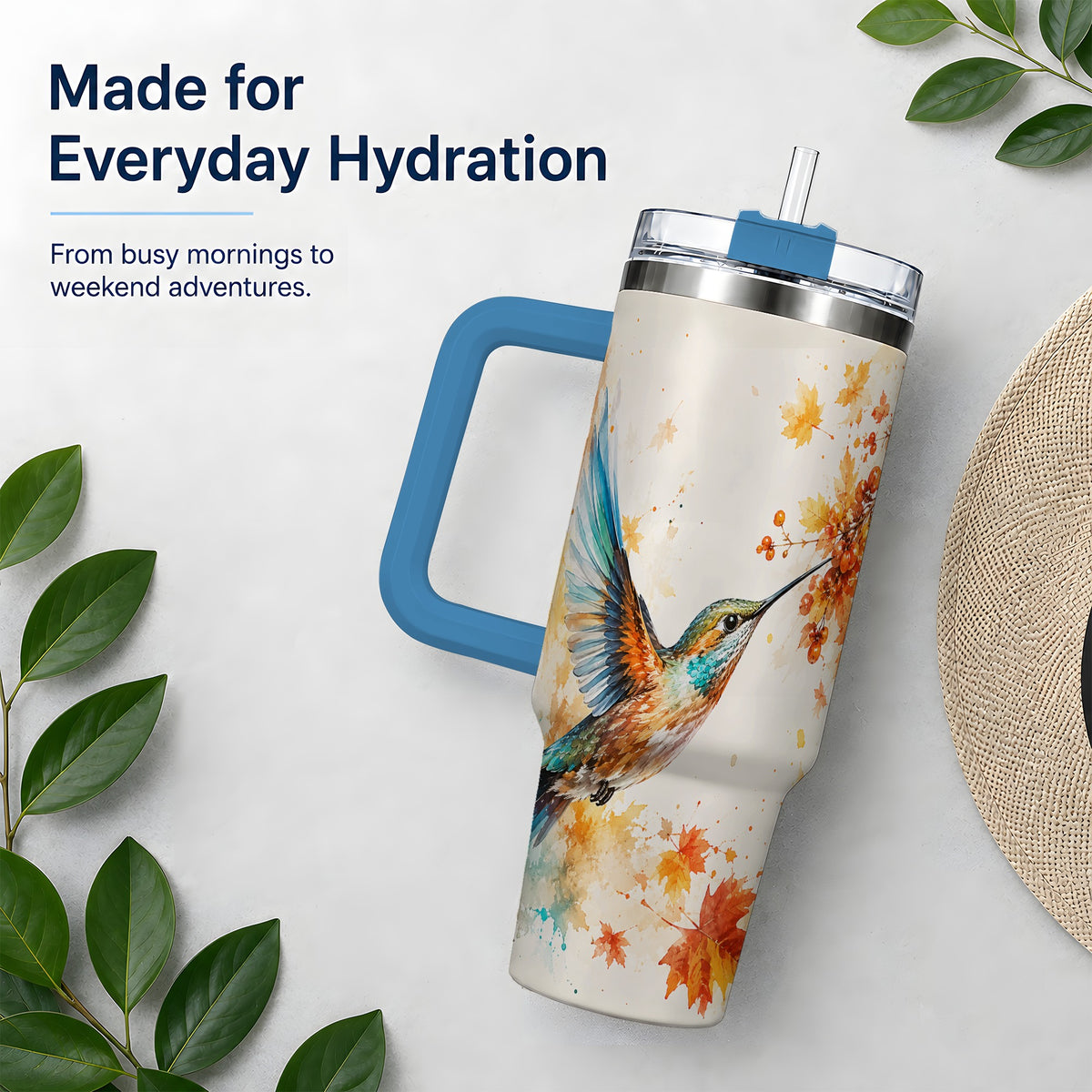 #pl[40oz|Blue] Autumn Hummingbird Watercolor 40oz Tumbler, Fall Leaves Bird Artwork