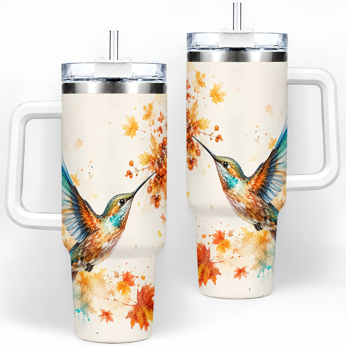 Autumn Hummingbird Watercolor 40oz Tumbler, Fall Leaves Bird Artwork