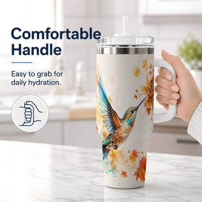 #pl[40oz|White] Autumn Hummingbird Watercolor 40oz Tumbler, Fall Leaves Bird Artwork