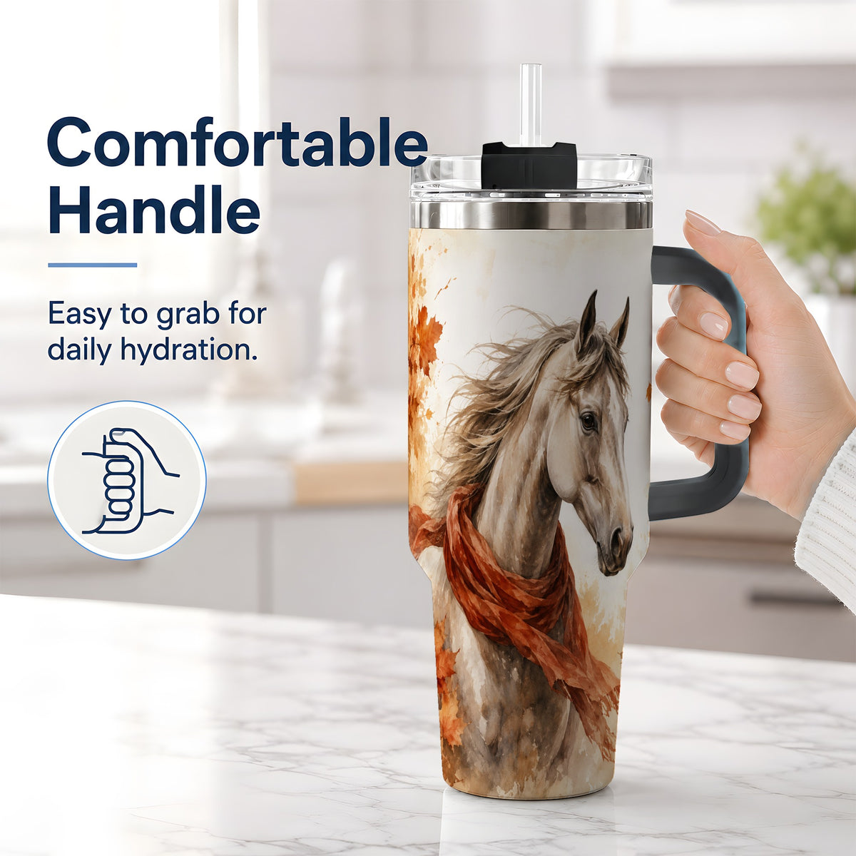 #pl[40oz|Black] Autumn Horse Watercolor 40oz Tumbler, Fall Equestrian Animal Artwork