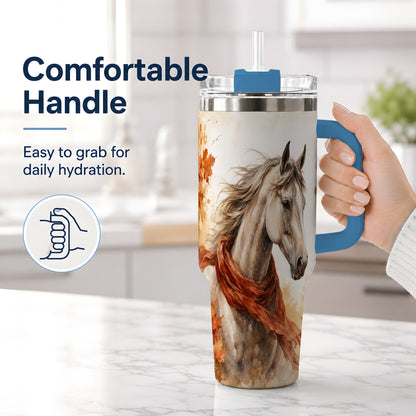 #pl[40oz|Blue] Autumn Horse Watercolor 40oz Tumbler, Fall Equestrian Animal Artwork