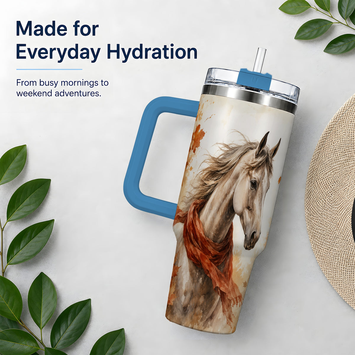 #pl[40oz|Blue] Autumn Horse Watercolor 40oz Tumbler, Fall Equestrian Animal Artwork