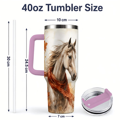 #pl[40oz|Pink] Autumn Horse Watercolor 40oz Tumbler, Fall Equestrian Animal Artwork