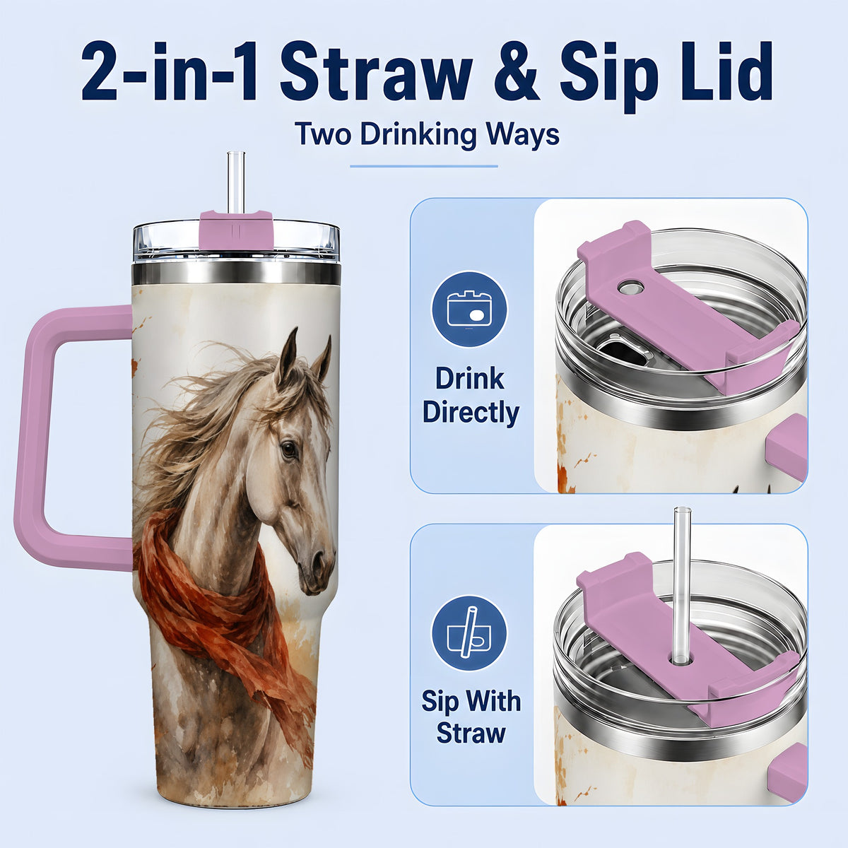 #pl[40oz|Pink] Autumn Horse Watercolor 40oz Tumbler, Fall Equestrian Animal Artwork