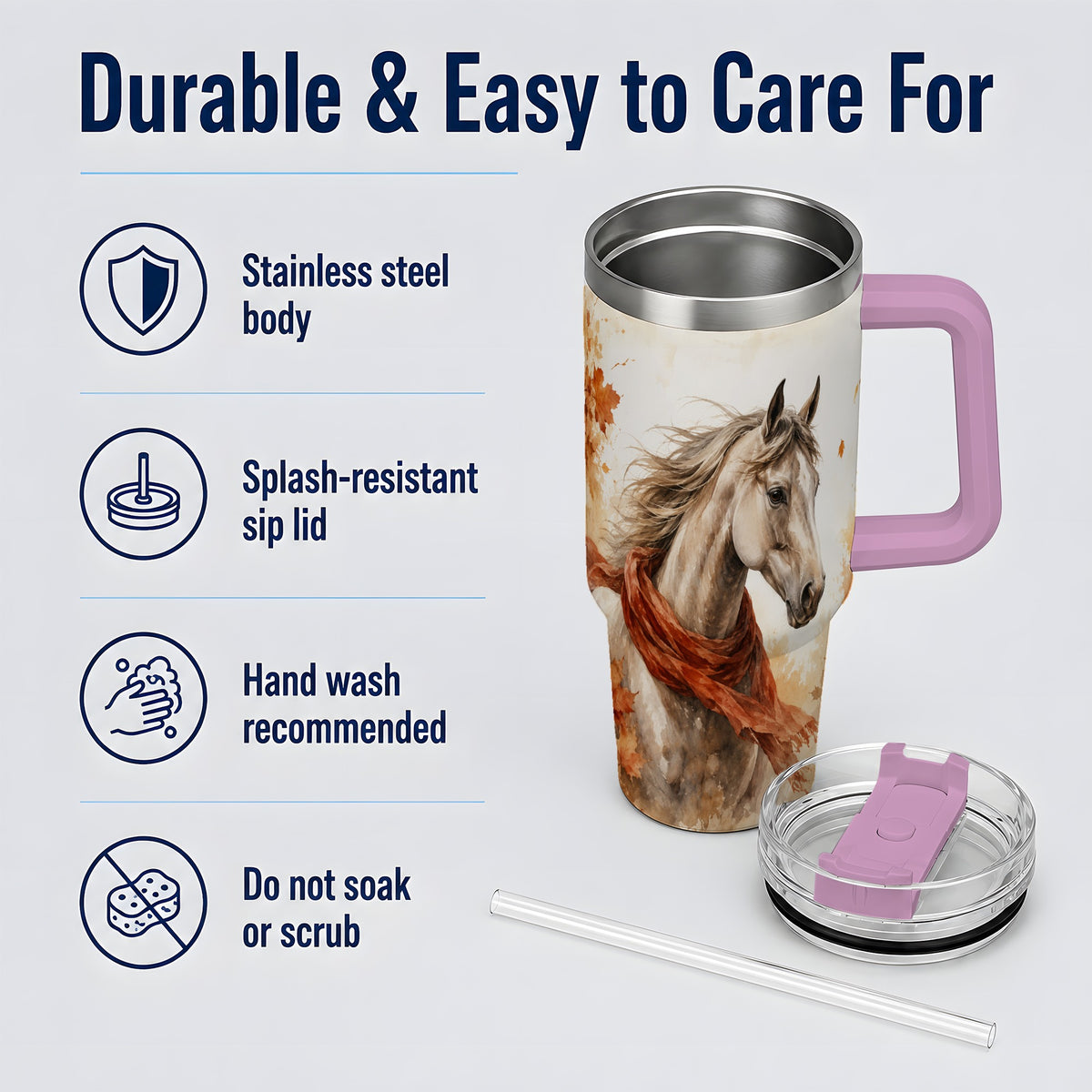 #pl[40oz|Pink] Autumn Horse Watercolor 40oz Tumbler, Fall Equestrian Animal Artwork
