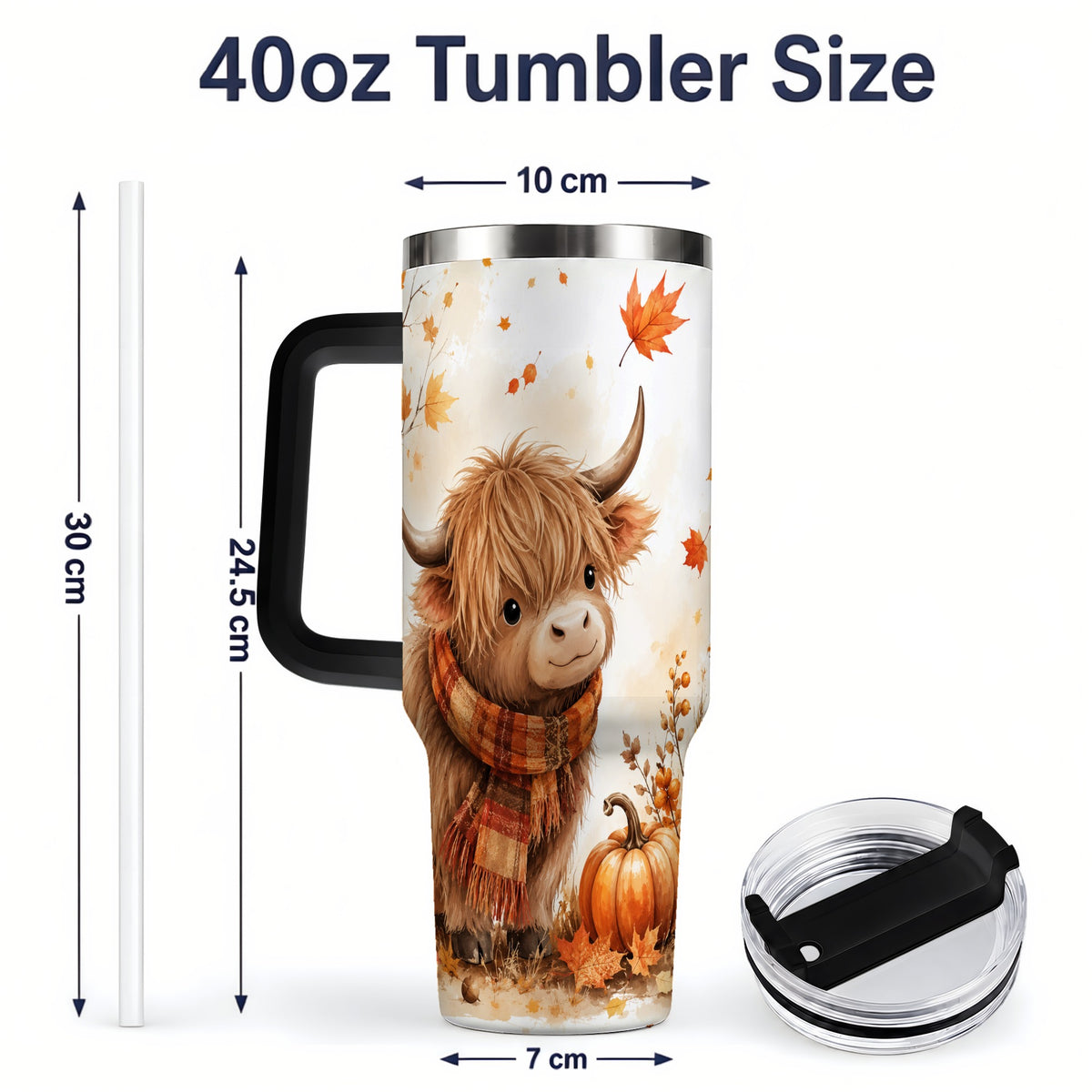 #pl[40oz|Black] Autumn Highland Cow 40oz Tumbler, Fall Pumpkin Watercolor Artwork