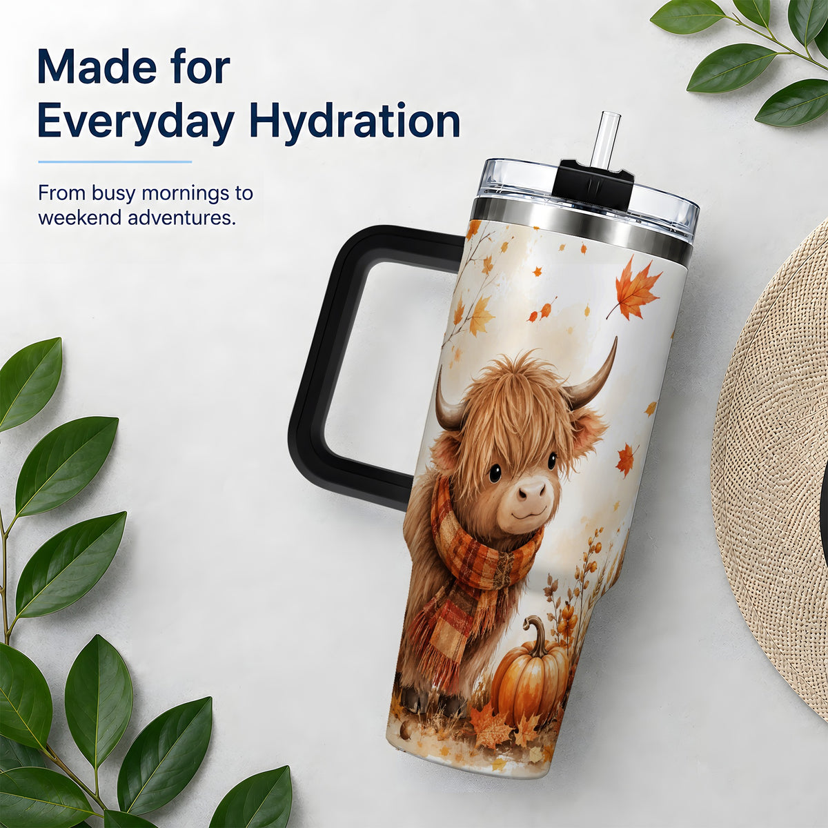 #pl[40oz|Black] Autumn Highland Cow 40oz Tumbler, Fall Pumpkin Watercolor Artwork