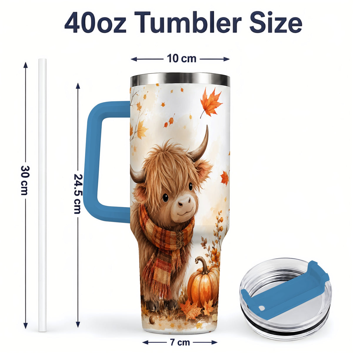 #pl[40oz|Blue] Autumn Highland Cow 40oz Tumbler, Fall Pumpkin Watercolor Artwork