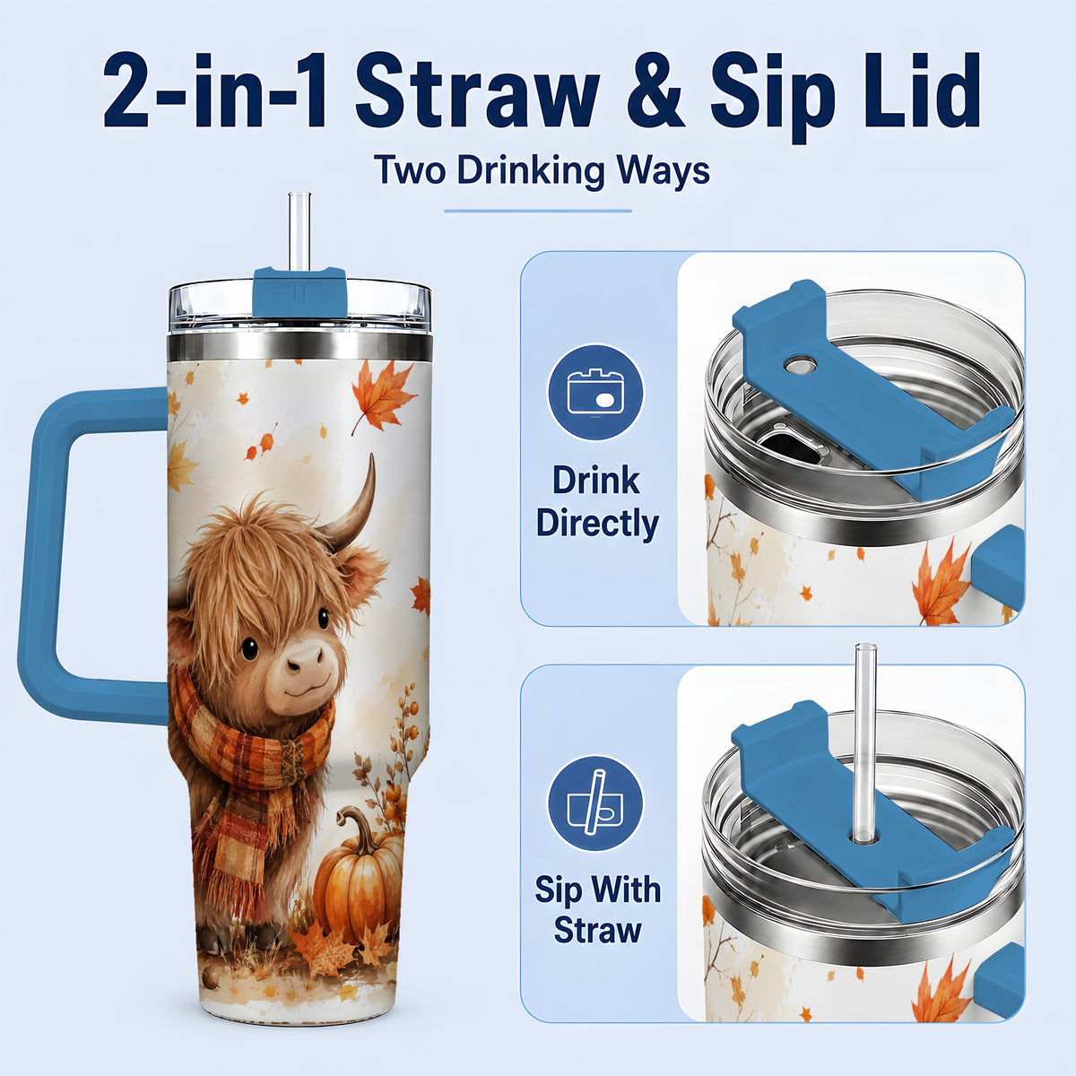 #pl[40oz|Blue] Autumn Highland Cow 40oz Tumbler, Fall Pumpkin Watercolor Artwork