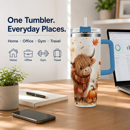 #pl[40oz|Blue] Autumn Highland Cow 40oz Tumbler, Fall Pumpkin Watercolor Artwork