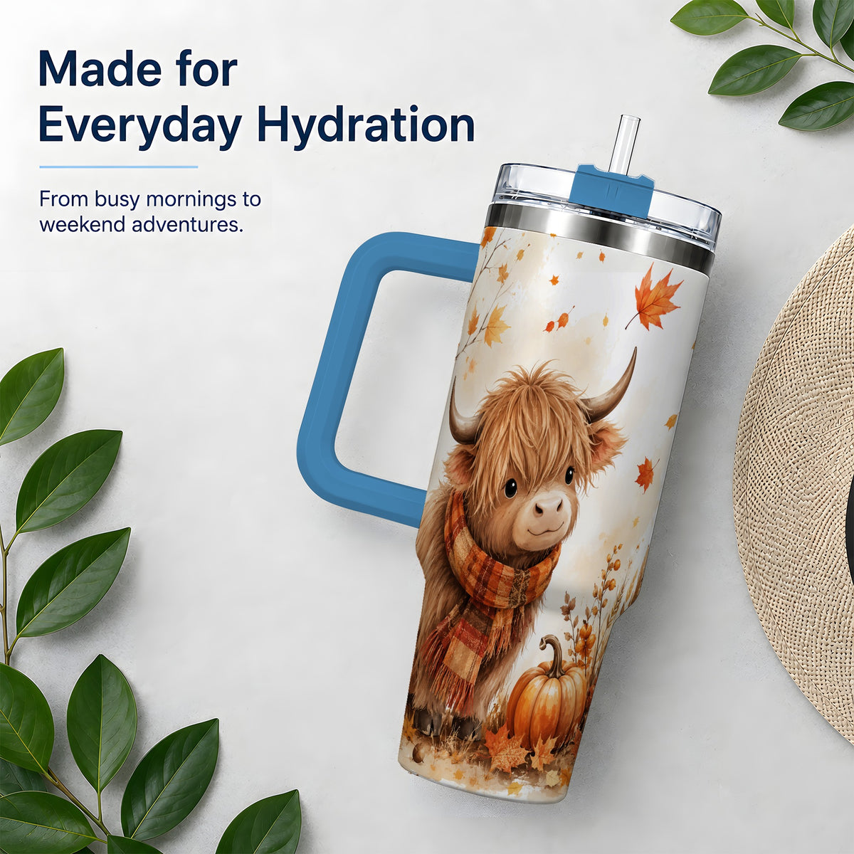 #pl[40oz|Blue] Autumn Highland Cow 40oz Tumbler, Fall Pumpkin Watercolor Artwork