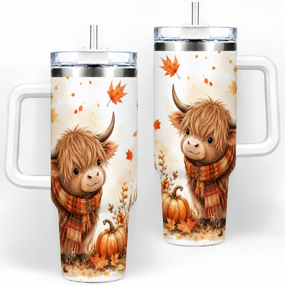 Autumn Highland Cow 40oz Tumbler, Fall Pumpkin Watercolor Artwork
