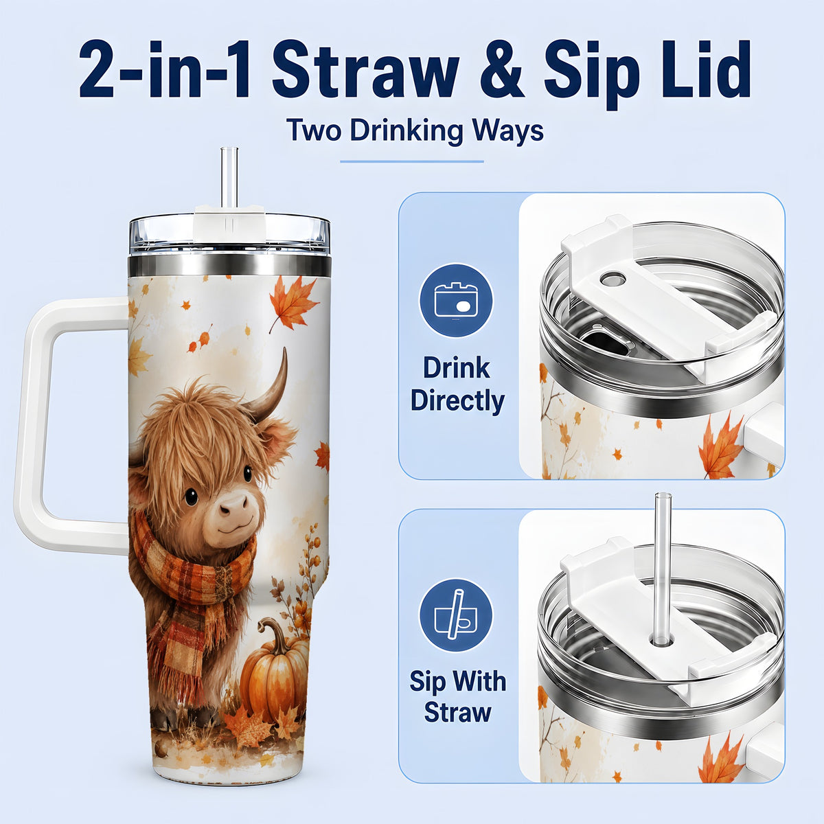#pl[40oz|White] Autumn Highland Cow 40oz Tumbler, Fall Pumpkin Watercolor Artwork