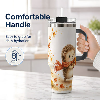 #pl[40oz|Black] Autumn Hedgehog 40oz Tumbler, Watercolor Fall Animal Drinkware Design