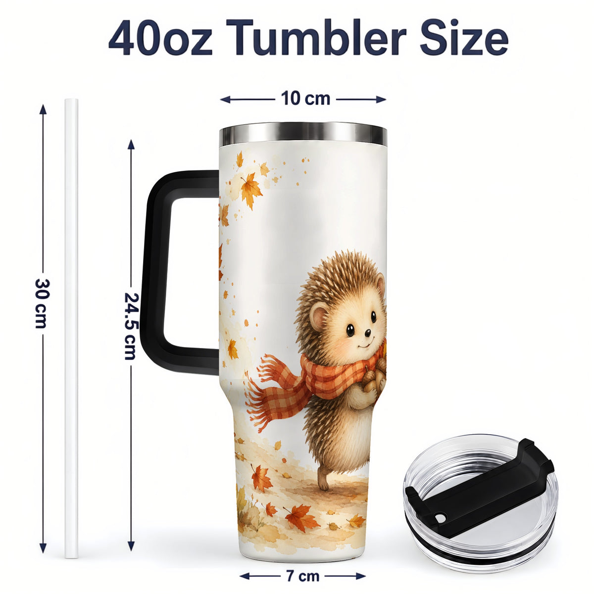 #pl[40oz|Black] Autumn Hedgehog 40oz Tumbler, Watercolor Fall Animal Drinkware Design