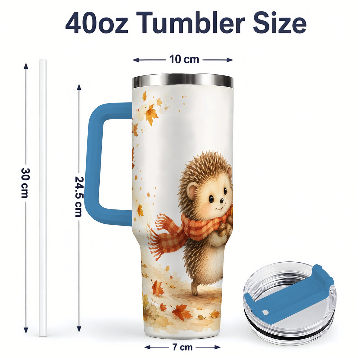 #pl[40oz|Blue] Autumn Hedgehog 40oz Tumbler, Watercolor Fall Animal Drinkware Design