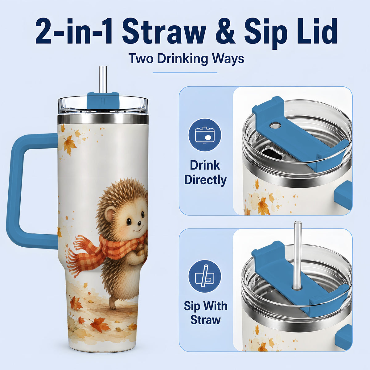 #pl[40oz|Blue] Autumn Hedgehog 40oz Tumbler, Watercolor Fall Animal Drinkware Design